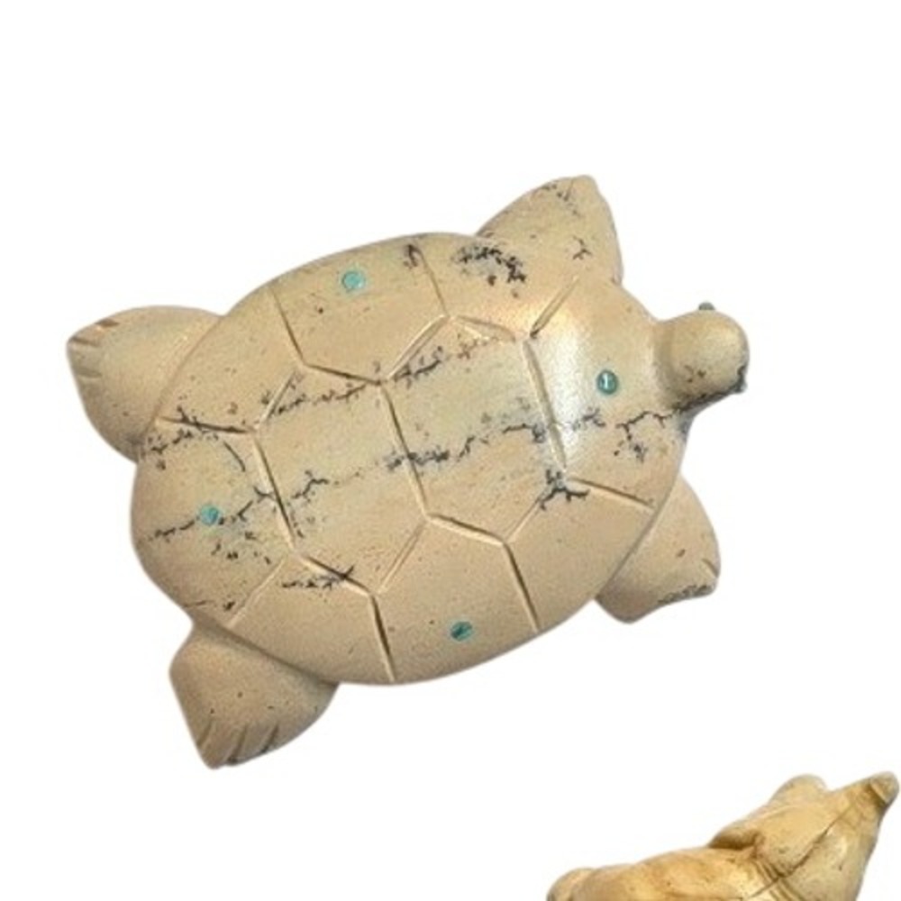 Hand Carved Stone Turtle Fetish Figurine Turquoise Inlay Signed AP Southwest AZ